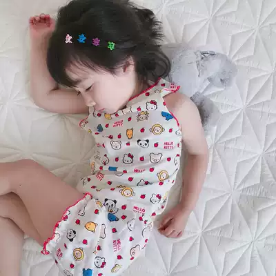 Baby cotton sleeveless pajamas set boys and girls sucking home clothes children hollow thin air-conditioning vest