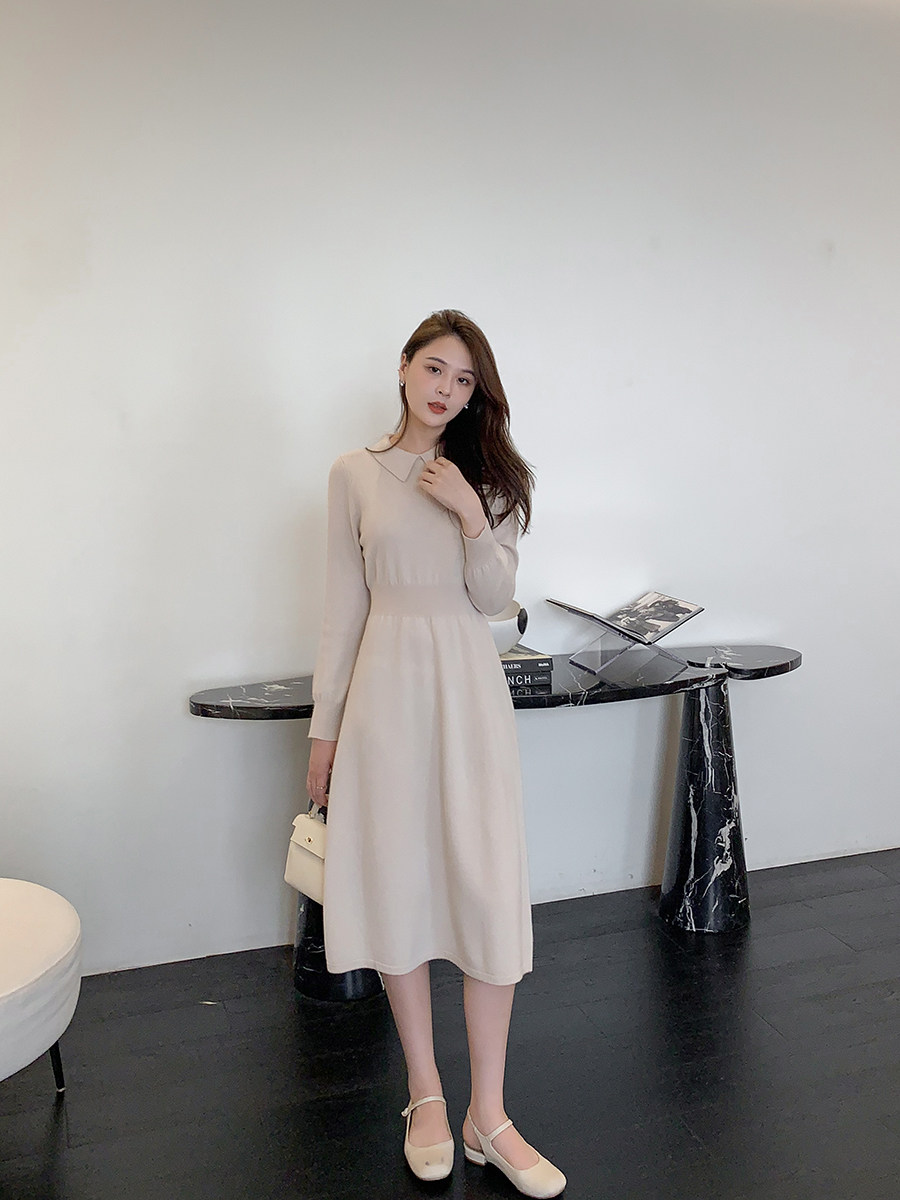K Sister (small turned-collar full wool dress) 26 full wool small flap to collect waist display slim knit dress