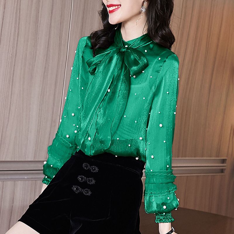 Chic and Beautiful, Same Style as Seen in Shopping Malls, Celebrity Spring and Autumn Women's 2026 New Bow-Knot Puff Long-Sleeve Beaded Chiffon Shirt Chic and Beautiful, Same Style as Seen in Shopping Malls, Celebrity Spring and Autumn Women's 2026 New Bow-Knot Puff Long-Sleeve Beaded Chiffon Shirt