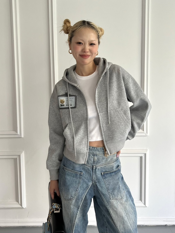Hooei Wood/Black Leather Kitty Work Badge Pattern Hooded Zipper Sweatshirt Cardigan Jacket Hooei Wood/Black Leather Kitty Work Badge Pattern Hooded Zipper Sweatshirt Cardigan Jacket
