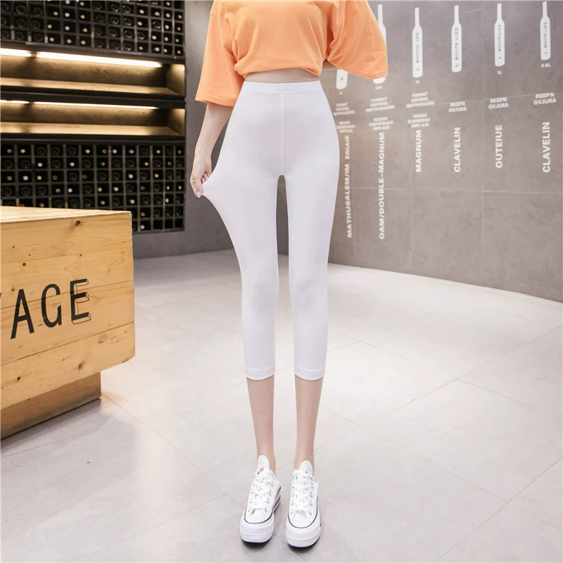 Quần legging trắng bó sát bó sát mặc quần crop top nữ mùa hè mỏng lụa lụa chân quần yoga - Quần tây thường