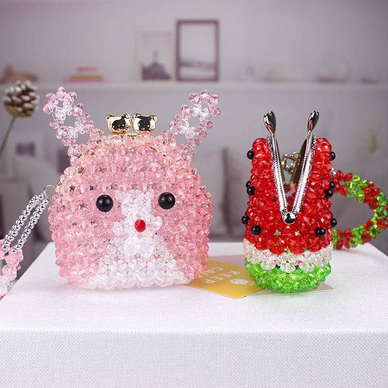 Creative handmade beaded finished kids cartoon bag wearing bead diy making material bag key bag cute coin purse