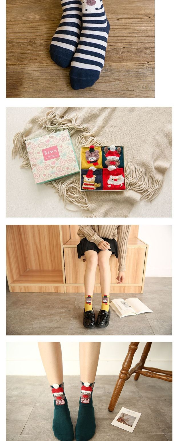 Giáng sinh Vớ nữ Cotton 4 cặp Hộp quà tặng Hàn Quốc Phim hoạt hình dễ thương Sinh viên Bít tất Cô gái SpongeBob Red Sox tất kháng khuẩn khử mùi