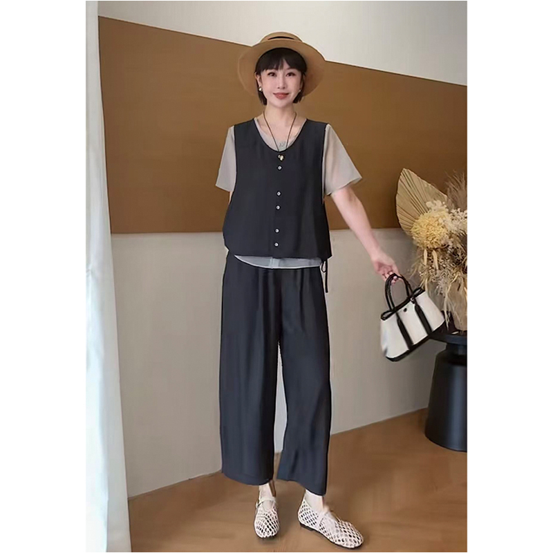 Plus Size 2026 Summer New Fashion Stylish Women's Fake Two-Piece Top Slightly Chubby mm Age-Reducing Cropped Pants Two-Piece Set