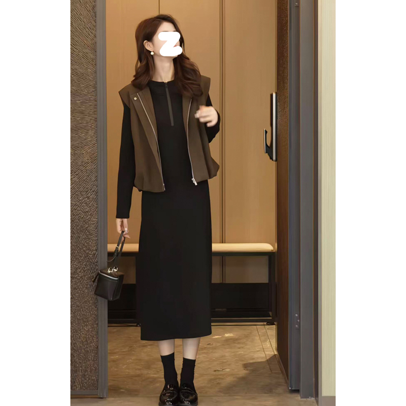 Plus-Size Autumn and Winter Fashionable Hooded Half-Zip Dress for Slightly Chubby Women, High-End Sleeveless Floral Vest Two-Piece Set Plus-Size Autumn and Winter Fashionable Hooded Half-Zip Dress for Slightly Chubby Women, High-End Sleeveless Floral Vest Two-Piece Set