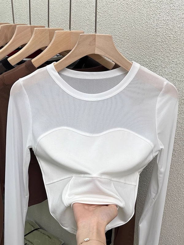2026 Spring New Style Patchwork Tight-Fitting Short Base Shirt Black Long-Sleeve T-Shirt for Women with Slightly Sheer Mesh Top
