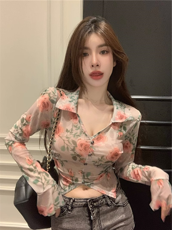 Summer Polo Collar Tight-Fitting Short Crop Top with Exposed Navel, Sweet and Spicy Girl Print, Bell Sleeve Blouse, Women's Chiffon Thin Shirt