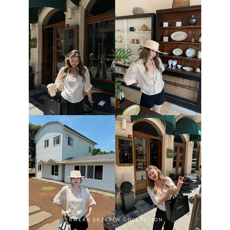 Herwear Slightly Chubby mm Private Romantic Style Tencel Ramie Faux Two-Piece Lace Mid-Sleeve Sun Protection Shirt Top for Women Herwear Slightly Chubby mm Private Romantic Style Tencel Ramie Faux Two-Piece Lace Mid-Sleeve Sun Protection Shirt Top for Women