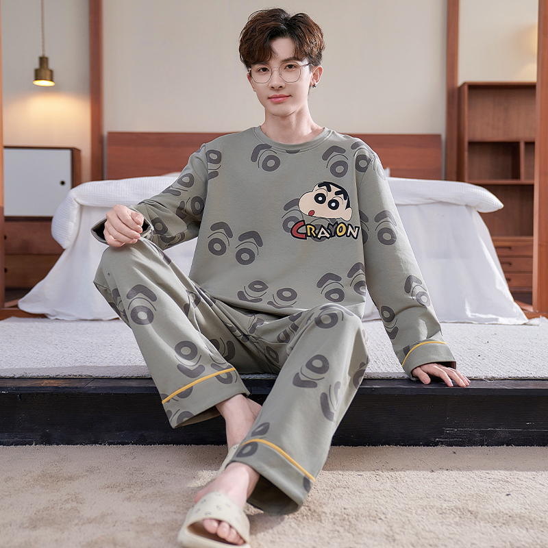 Men's Pajamas Spring and Autumn Long-Sleeved Summer Thin Style Loose Plus Size Male Student Cartoon Home Wear Set