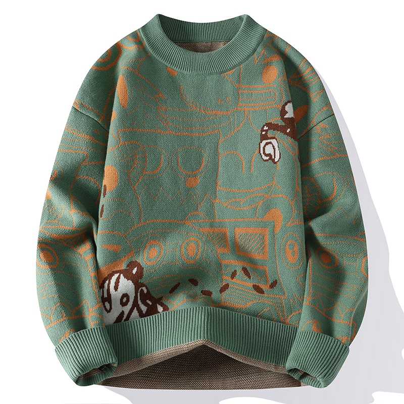 Men's Sweater for Autumn and Winter, New Trendy Brand, Base Layer Knitwear, Warm Knit Top for Teenagers, Fleece-Lined, Thickened, Loose Knit Sweater