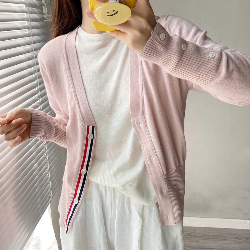 Spring New Tb Four-Bar Webbing High-End Wool Cashmere Versatile Fresh Knit Cardigan Women's Short Top Jacket