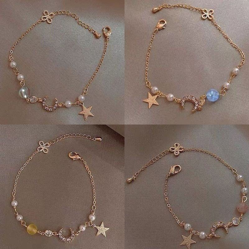 Star and Moon Zircon Pearl Bracelet for Women, Niche Design, High-End Bracelet, Korean Style Trendy Internet Celebrity Fashion Simple Bangle for Best Friends