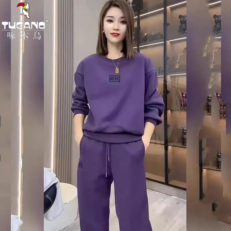 Woodpecker 2026 Autumn New Casual Sports Suit for Women Fashionable Purple Round Neck Sweatshirt and Jogger Pants Two-Piece Set