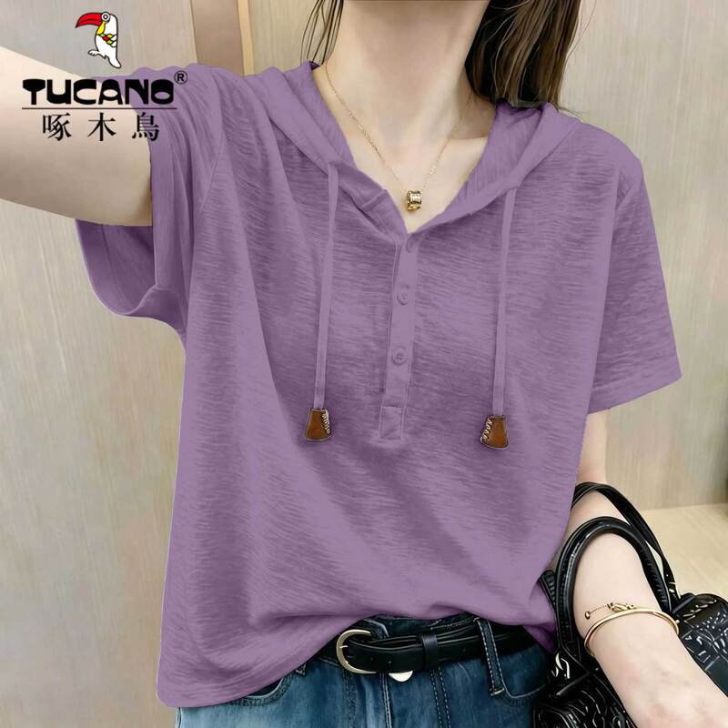 Woodpecker European-Style Purple Bamboo Cotton Ice Silk Short-Sleeve T-Shirt for Women, Summer 2026, Super Popular, Age-Reducing Hoodie Top Woodpecker European-Style Purple Bamboo Cotton Ice Silk Short-Sleeve T-Shirt for Women, Summer 2026, Super Popular, Age-Reducing Hoodie Top