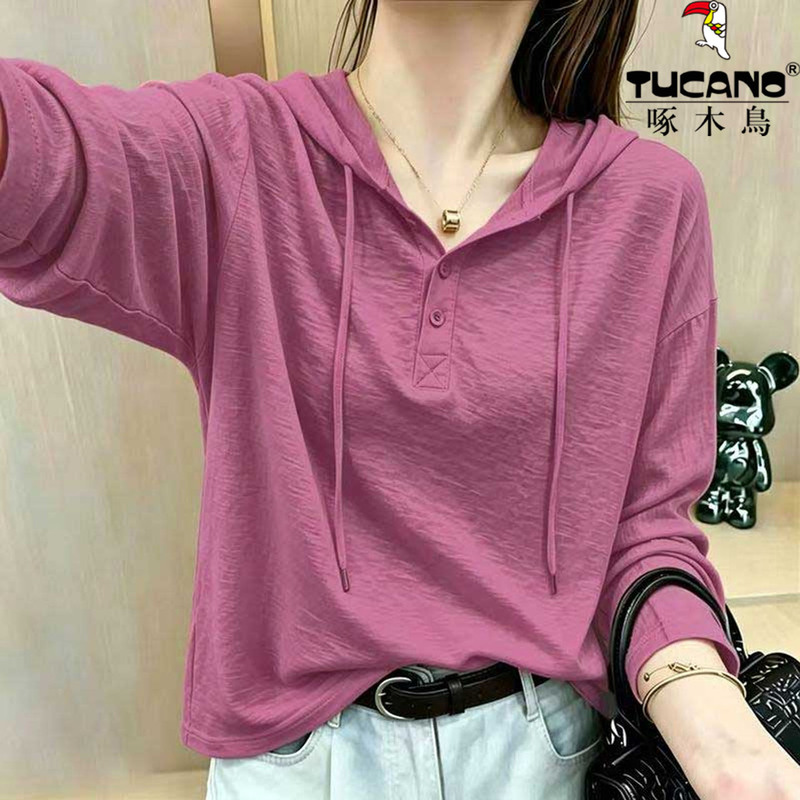 Woodpecker Brand, Very Pretty Rose Pink Bamboo Cotton Hooded Sweatshirt, Long-Sleeved T-Shirt for Women, Spring and Autumn Hoodie, Base Layer Top Woodpecker Brand, Very Pretty Rose Pink Bamboo Cotton Hooded Sweatshirt, Long-Sleeved T-Shirt for Women, Spring and Autumn Hoodie, Base Layer Top
