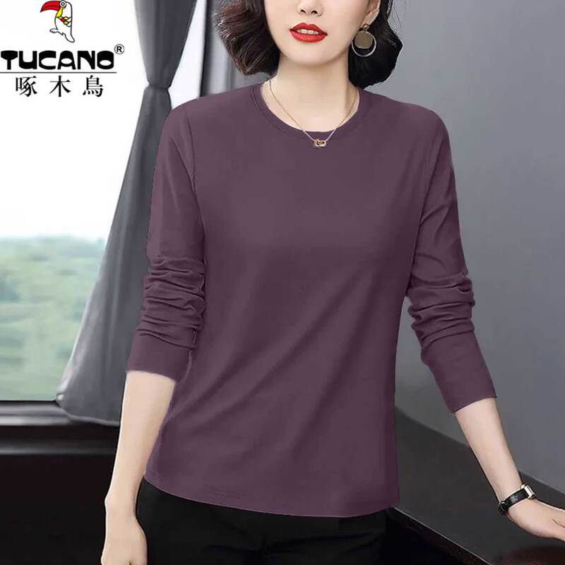 Woodpecker Pure Cotton High-End Long-Sleeved T-Shirt for Women, Spring and Autumn Clothing 2026, Stylish Blouse, Mother's Wear, Base Shirt, Top