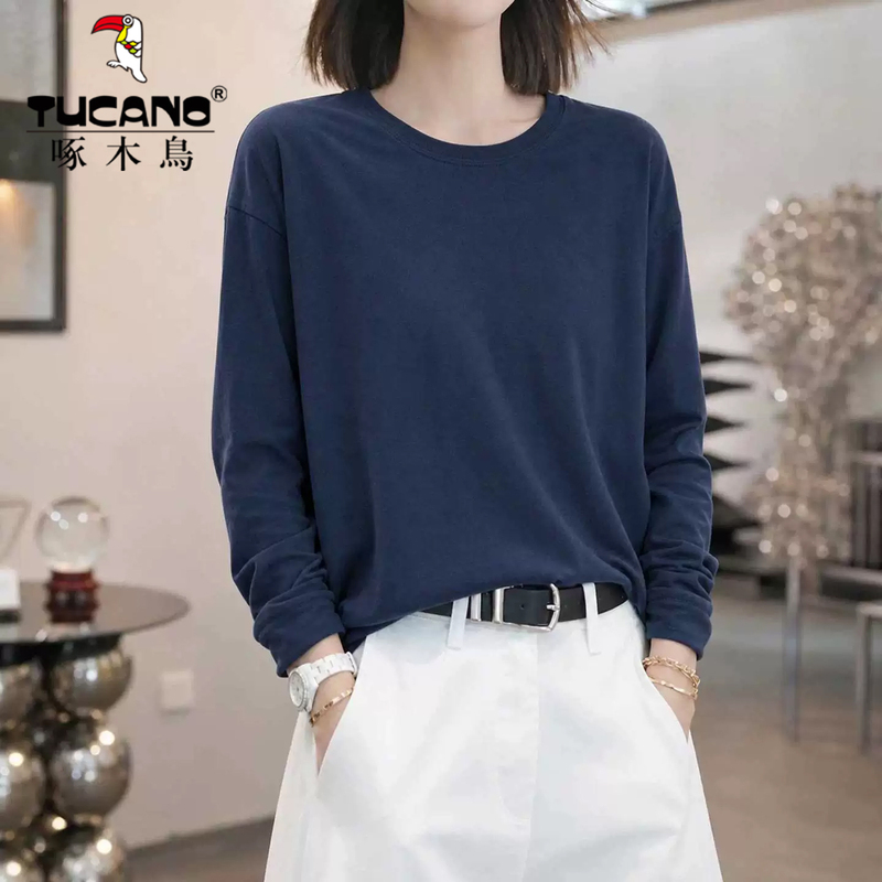 Woodpecker Navy Blue Long-Sleeve T-Shirt for Women, Spring and Autumn 2026 New Style, Solid Color, Regular Shoulder, Plus-Size Top Woodpecker Navy Blue Long-Sleeve T-Shirt for Women, Spring and Autumn 2026 New Style, Solid Color, Regular Shoulder, Plus-Size Top