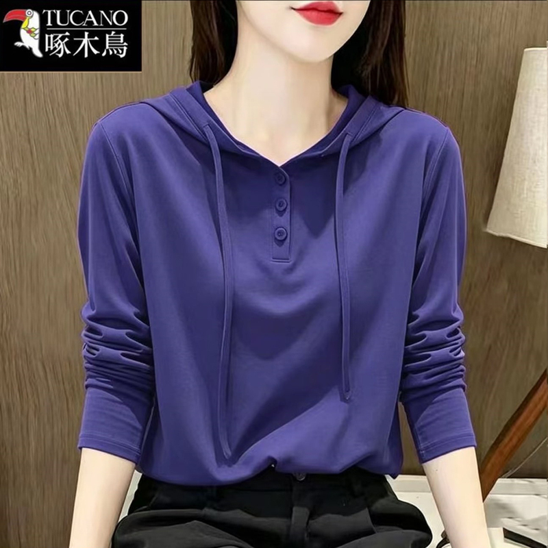 Woodpecker Large Size Loose Purple Hooded Long-Sleeved T-Shirt for Women Spring & Fall Pure Cotton Slimming Look Elegant Fashionable Hoodie Top