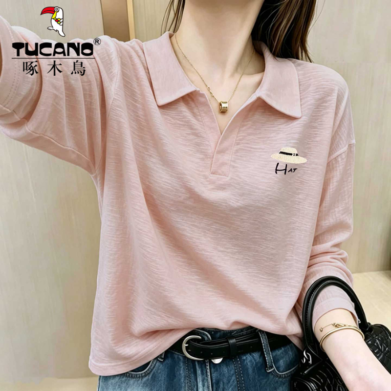 Woodpecker Bamboo Cotton Polo Shirt Long-Sleeved T-Shirt for Women 2026 New Autumn Fashion Age-Reducing Pink Lapel Top Woodpecker Bamboo Cotton Polo Shirt Long-Sleeved T-Shirt for Women 2026 New Autumn Fashion Age-Reducing Pink Lapel Top
