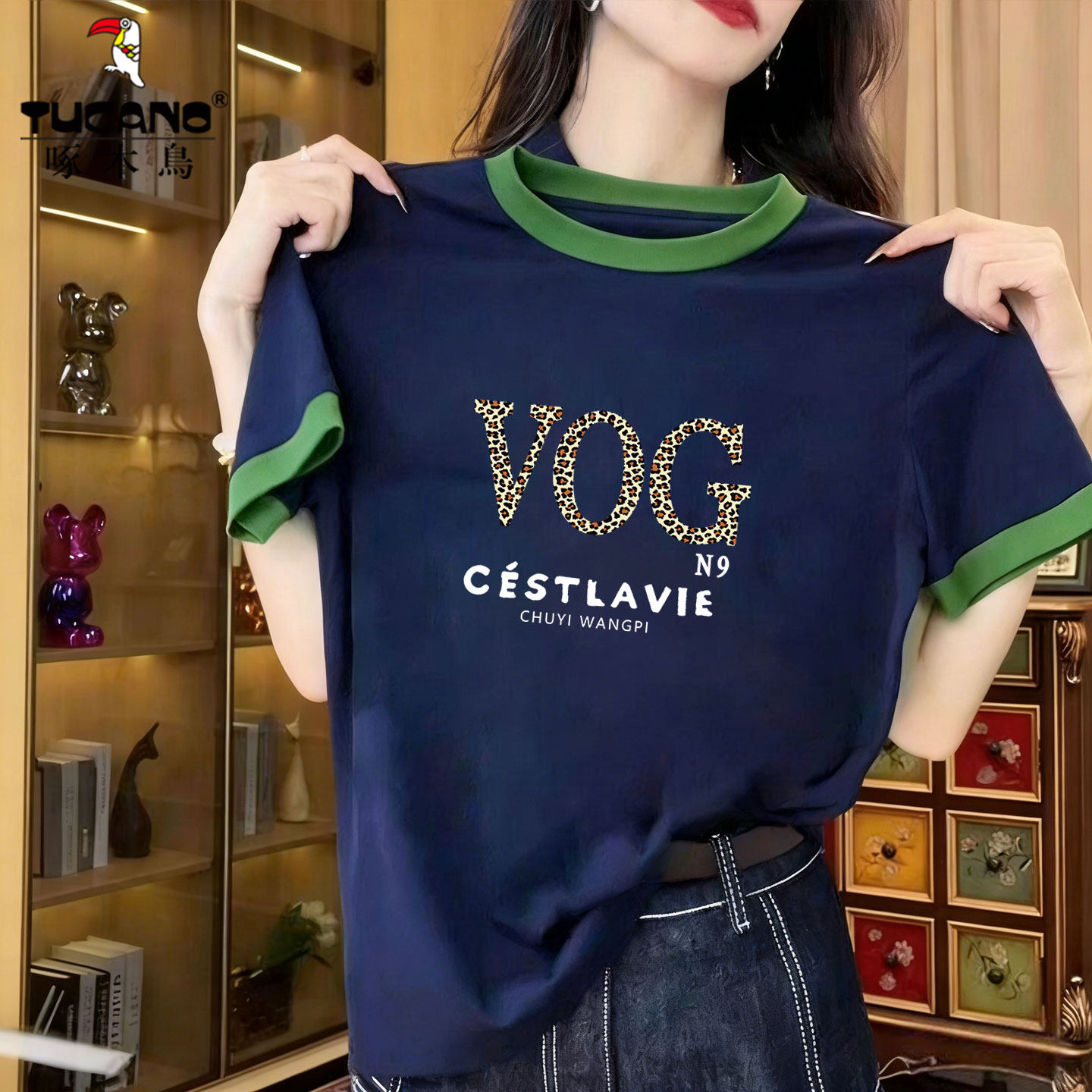 啄木鸟设计感正肩撞色纯棉短袖t恤女装时尚洋气上衣2026新款夏季