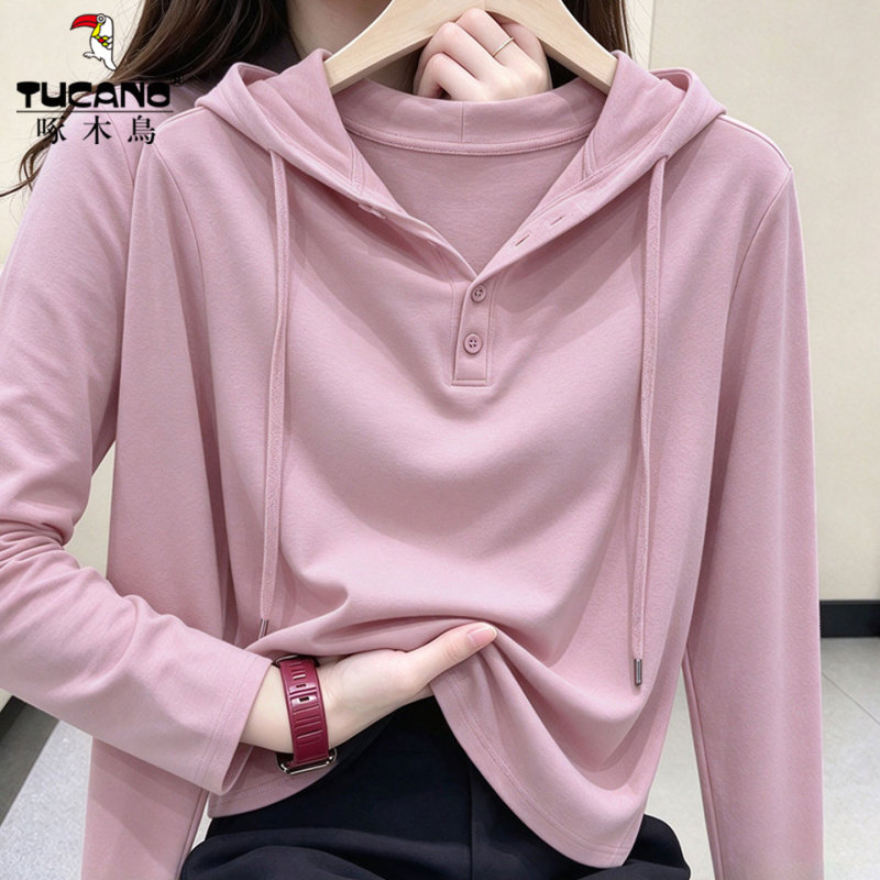Woodpecker Pure Cotton Button-Up Hooded Sweatshirt for Women 2026 Spring and Autumn New Style Loose Slimming Casual Base Hoodie Top