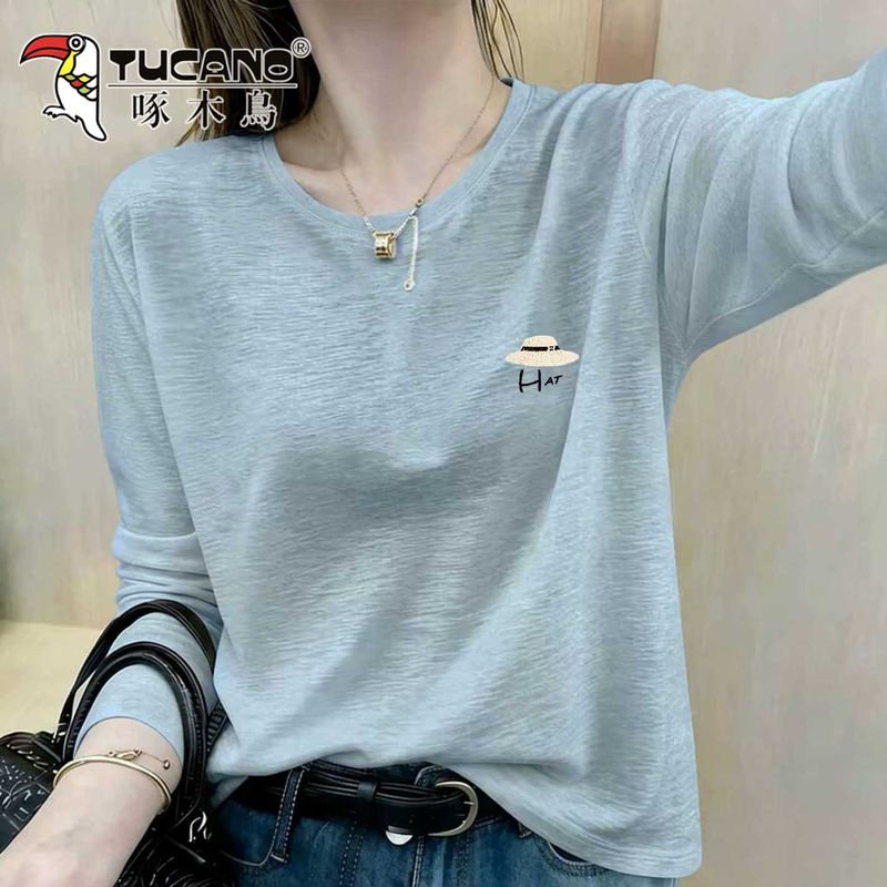 Woodpecker Blue Bamboo Cotton Printed Fashion Korean Style Long-Sleeve T-Shirt for Women, Regular Shoulder, Loose Fit, Slimming Top Woodpecker Blue Bamboo Cotton Printed Fashion Korean Style Long-Sleeve T-Shirt for Women, Regular Shoulder, Loose Fit, Slimming Top