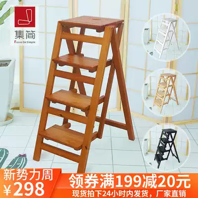 Height-free installation of household thickening multi-function folding ladder solid wood four-step climbing ladder shelf