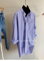 Very trendy very fan loose silhouette~blue and white stripes pure cotton off-the-shoulder streamers offset printing shirt womens spring 9571