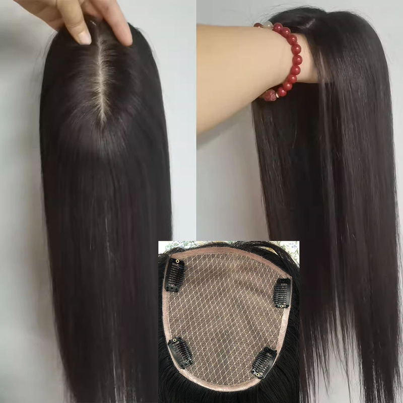 50cm Pair of Hair Extensions, Long Straight Hair, 100% Real Human Hair, Women's Student Hairpiece to Cover White Hair on the Top of the Head