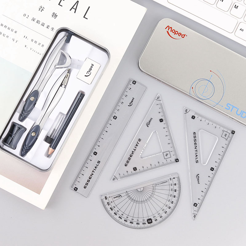 French MapedMaped compass ten-piece set metal stainless steel multifunctional professional drawing ruler students with examination triangle drawing tool ruler replacement pen core with adjustable pen