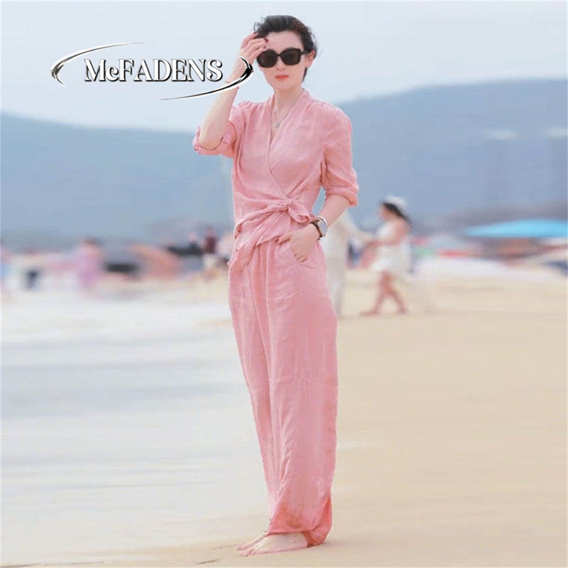 Hong Kong Design Casual Linen Fashion Suit for Women, New Summer Thin Breathable Cotton-Linen Wide-Leg Pants Two-Piece Set