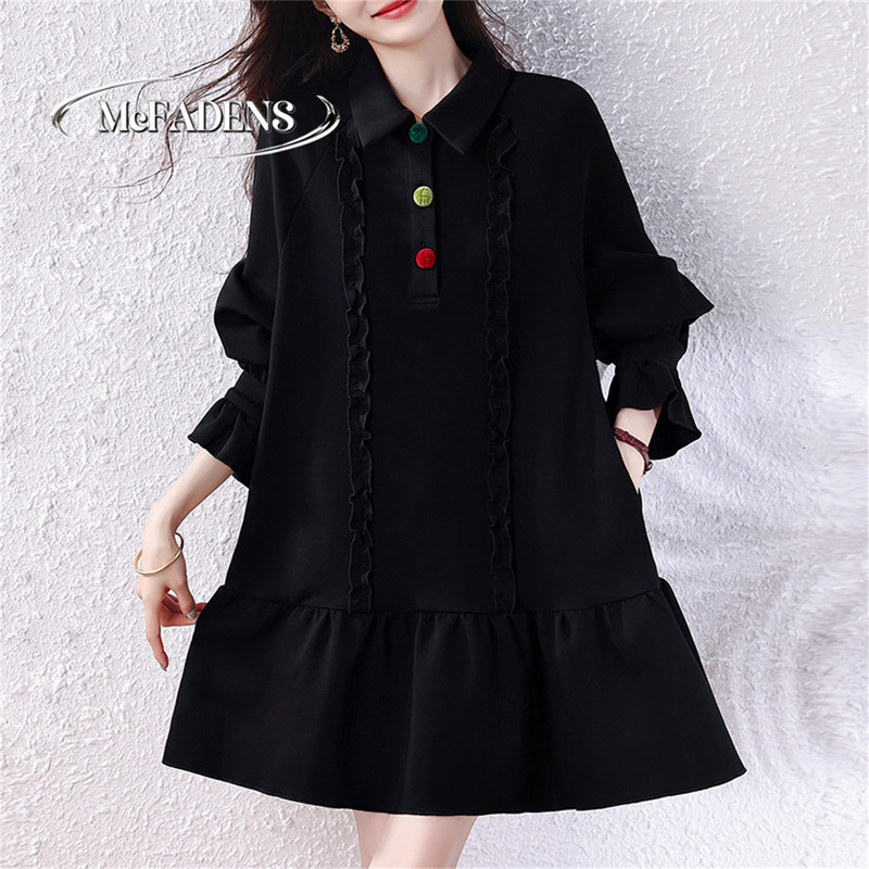 Hong Kong Plus-Size Women's Clothing Black Button-Down Lapel Mid-Length Dress Women's Autumn Loose Versatile Ruffle Dress Hong Kong Plus-Size Women's Clothing Black Button-Down Lapel Mid-Length Dress Women's Autumn Loose Versatile Ruffle Dress