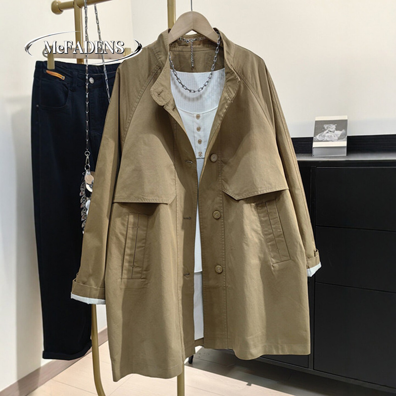 Hong Kong Mid-Length Trench Coat for Women, New Spring and Autumn Korean Style, Plus-Size, High-End, Versatile, Slimming, Stand-Collar, Trendy Coat Hong Kong Mid-Length Trench Coat for Women, New Spring and Autumn Korean Style, Plus-Size, High-End, Versatile, Slimming, Stand-Collar, Trendy Coat