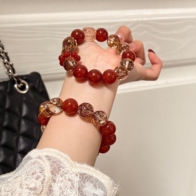 【Fiery Flame】Natural Crystal Bracelet Red Agate Gold Foil Glue Flower Super Seven Sugar Cube Chinese Style Women's Gift Jewelry 【Fiery Flame】Natural Crystal Bracelet Red Agate Gold Foil Glue Flower Super Seven Sugar Cube Chinese Style Women's Gift Jewelry