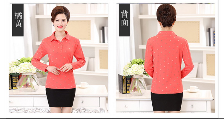 Quần áo trung niên xuân hè in ve áo dài tay cotton Áo thun mẹ dài tay cơ sở trung niên áo cotton nữ áo sơ mi nữ trung niên