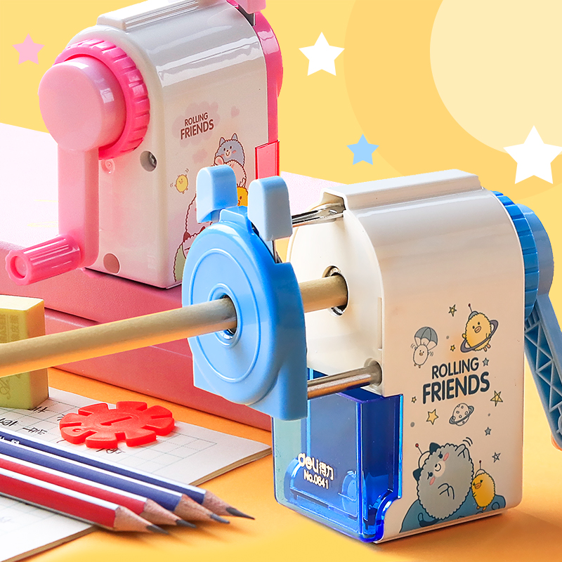 Deli children's pencil sharpener for primary school students with a pencil planer manual pencil sharpener drill pen knife Hand-shaking girl pencil rotary car pencil Small portable simple manual repair ring pen pin explosion