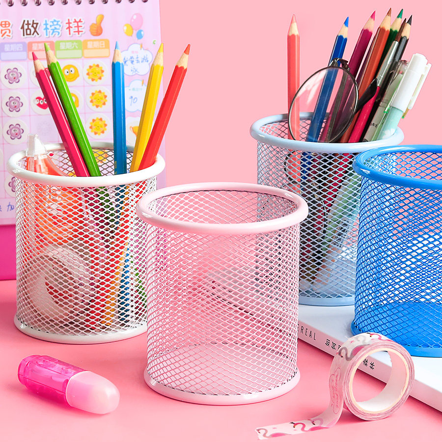 Able Black Pen Holder Round Iron Mesh Creative Fashion Iron Art Office Putting Pen's Personality Cute Desktop Brief Nordic Large Capacity Pendulum Girl's Inprint Wind Day Student Pink