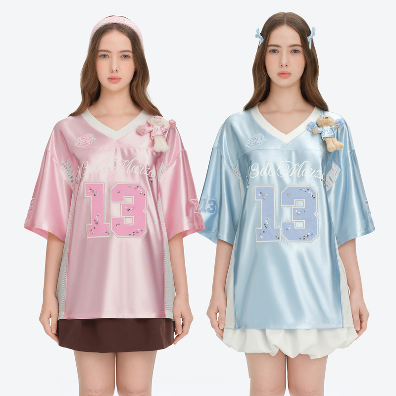 Yuri Rui's Same Style 13Demarzo 3D Bear Plush Cheerleader Satin Jersey V-Neck Short-Sleeve T-Shirt for Women