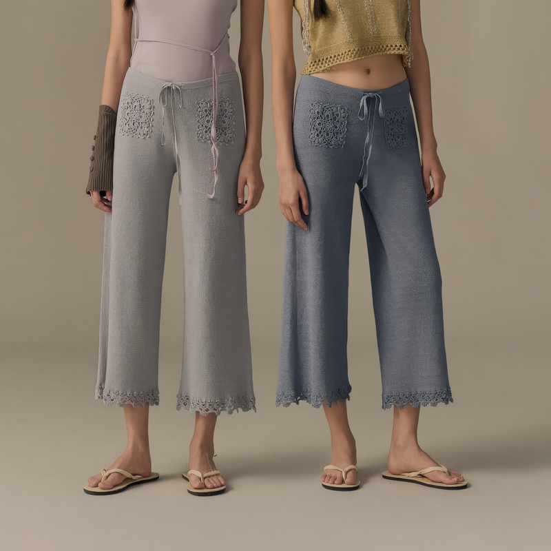 O Cloche Code Hand-Crocheted Straight-Leg Cropped Pants for Women, Drapey Casual Slimming Tie-Up Knit Pants, Spring/Summer 26 O Cloche Code Hand-Crocheted Straight-Leg Cropped Pants for Women, Drapey Casual Slimming Tie-Up Knit Pants, Spring/Summer 26