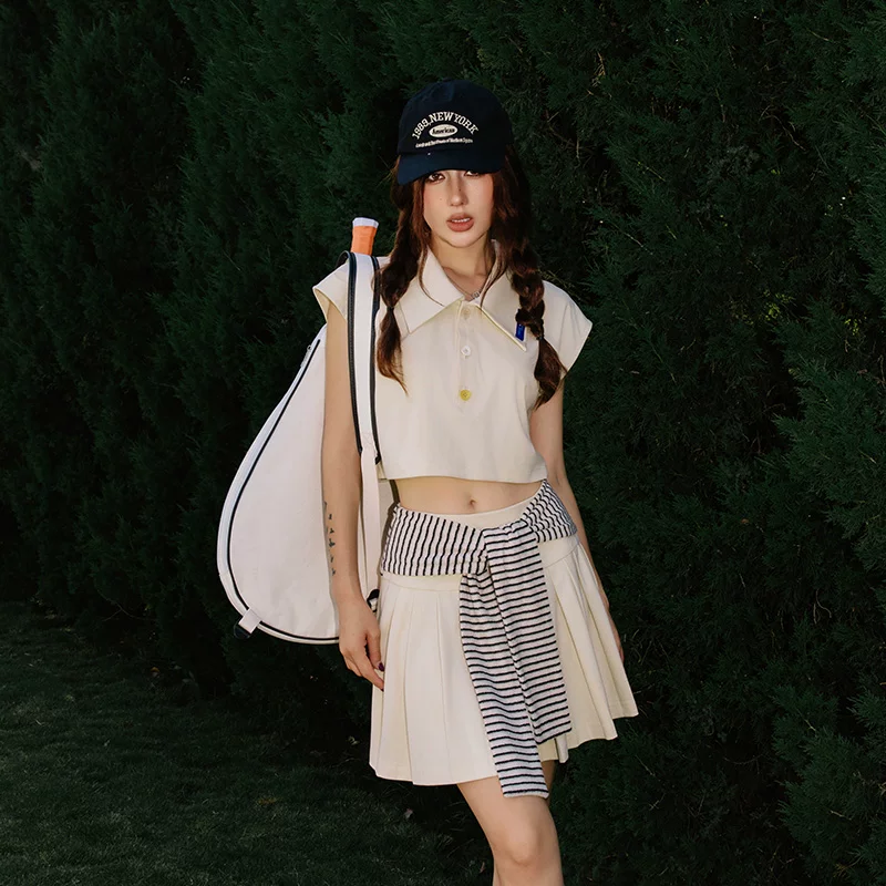 MOODxMIURA Apricot Candy Button Decorative Sleeveless Top Spliced Stripe Skirt for Women 2024 Summer New