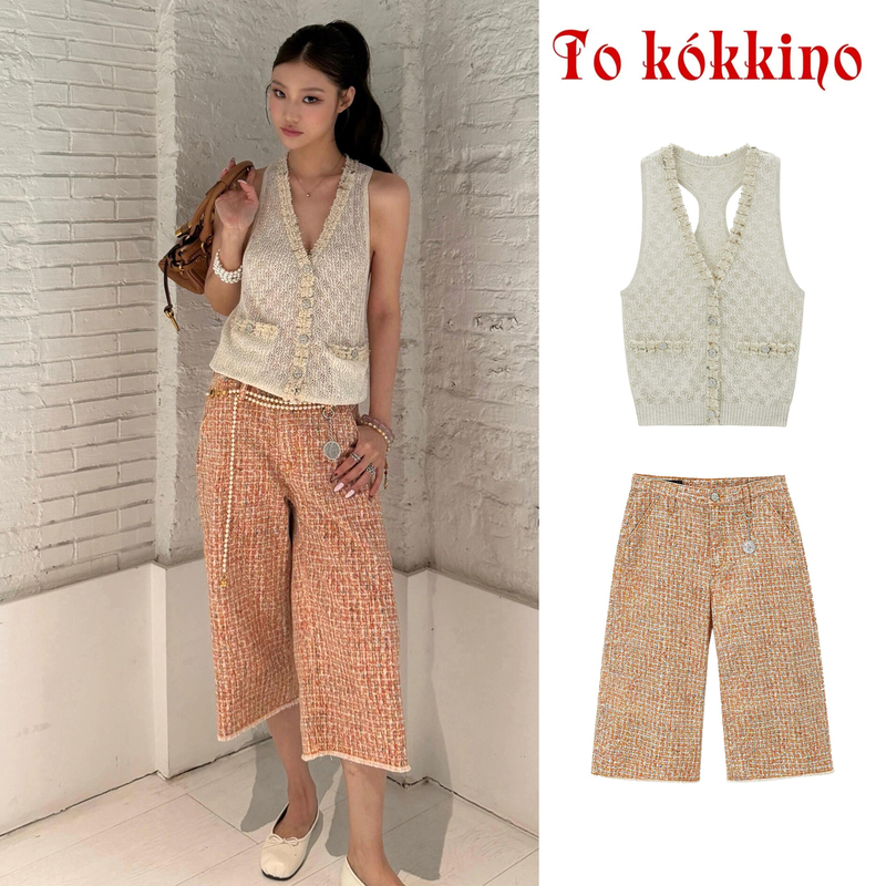 In Stock/Ouyang Nana and Ren Min's Same Style Tokokkino Sleeveless Knitted Vest Orange Plaid Cropped Pants for Women Summer