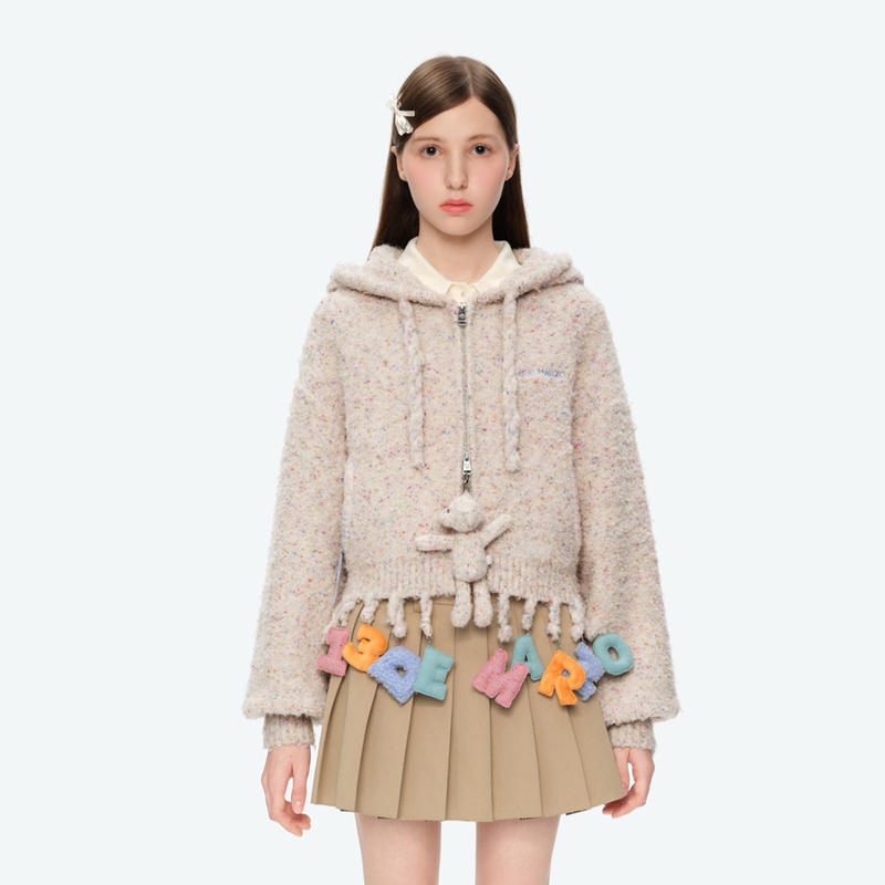 13Demarzo Bear Doll Color Dot Knitted Sweater Letter Tassel Hooded Sweater Jacket Women's 26 Autumn and Winter New Style