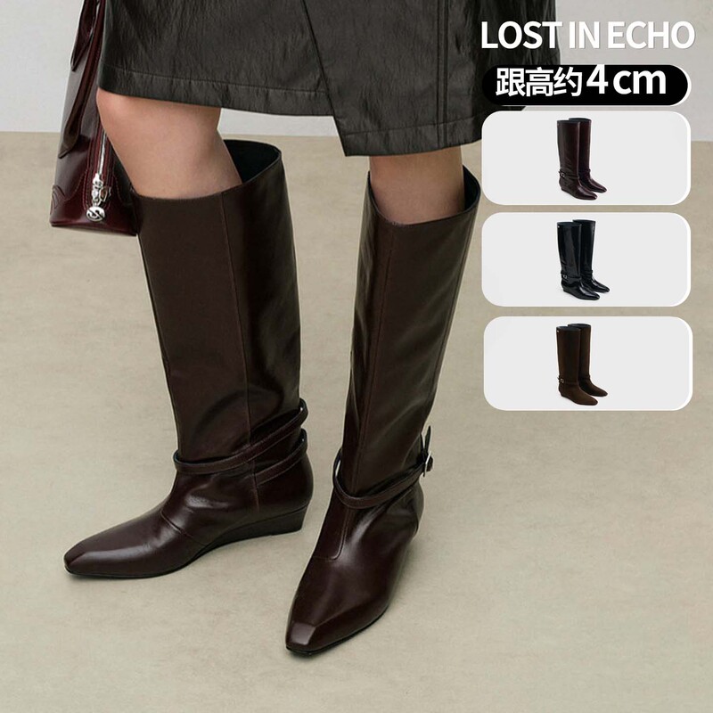 Yu Shuxin (Vicky) Same Style Lost in Echo Small Square Toe Genuine Leather Wedge Studded High Riding Boots Long Boots Yu Shuxin (Vicky) Same Style Lost in Echo Small Square Toe Genuine Leather Wedge Studded High Riding Boots Long Boots
