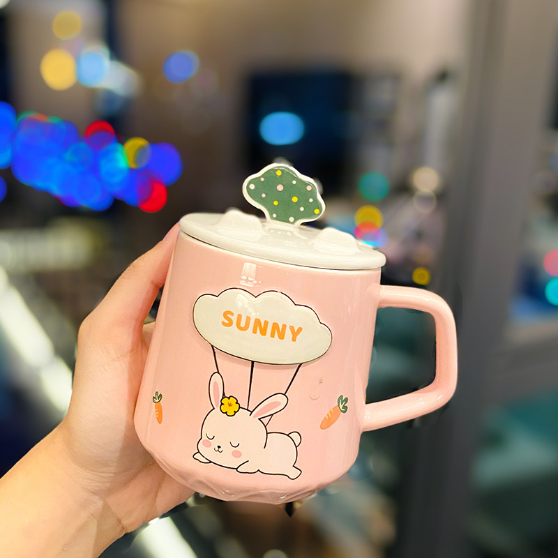 Ceramic animal cute water cup Japanese-style puppy dog ​​chain cover mobile phone holder large-capacity office dormitory drinking cup