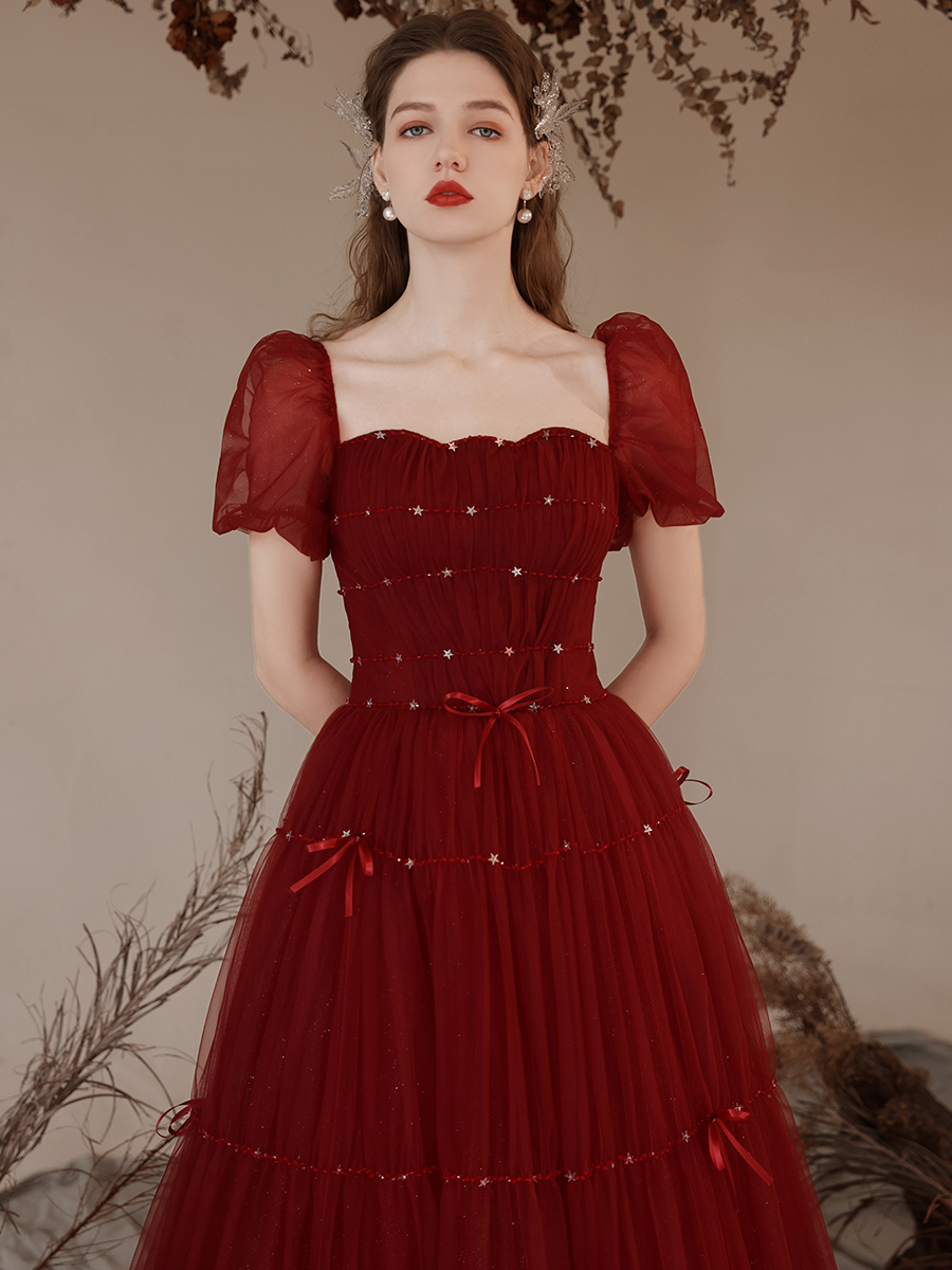 Evening dress, advanced wedding dress, burgundy small princess costume, high-quality style, puff sleeves Evening dress, advanced wedding dress, burgundy small princess costume, high-quality style, puff sleeves