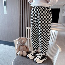 Childrens net red checkerboard pants Spring and Autumn Girls 2022 new Korean version of the checkered lantern pants baby slacks tide