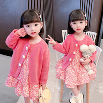 Girls spring floral skirt knitted cardigan set female treasure net red fashion dress two-piece set Korean version chiffon skirt