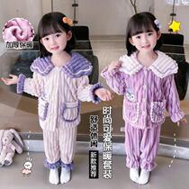 Girls plus fleece pajamas winter baby girls net red thick home clothes little girl 2021 new warm air conditioning clothes