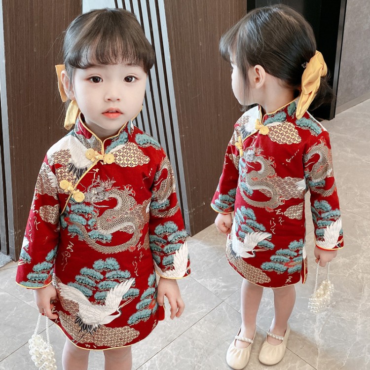 Cheongsam Girl Spring and Autumn Baby Girl 2021 New Chinese Style Tang Dress Infant Grab One Year Dress