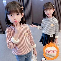 Kids plus velvet striped leggings girls winter 2021 new style underwear tops foreign baby half-height neck T-shirt 3